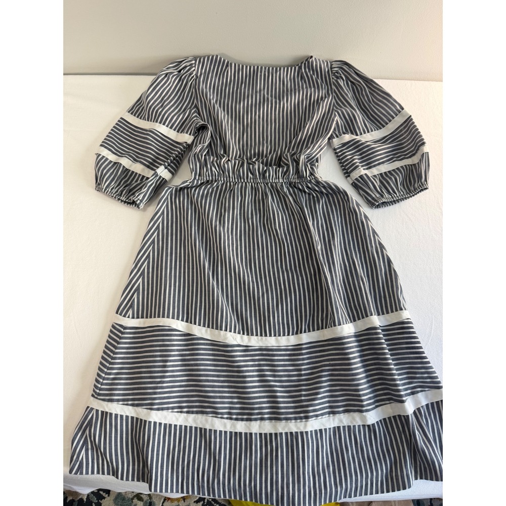 T and F Vintage 80s Dress Blue White Stripe Cottagecore Coastal Boho Prarie